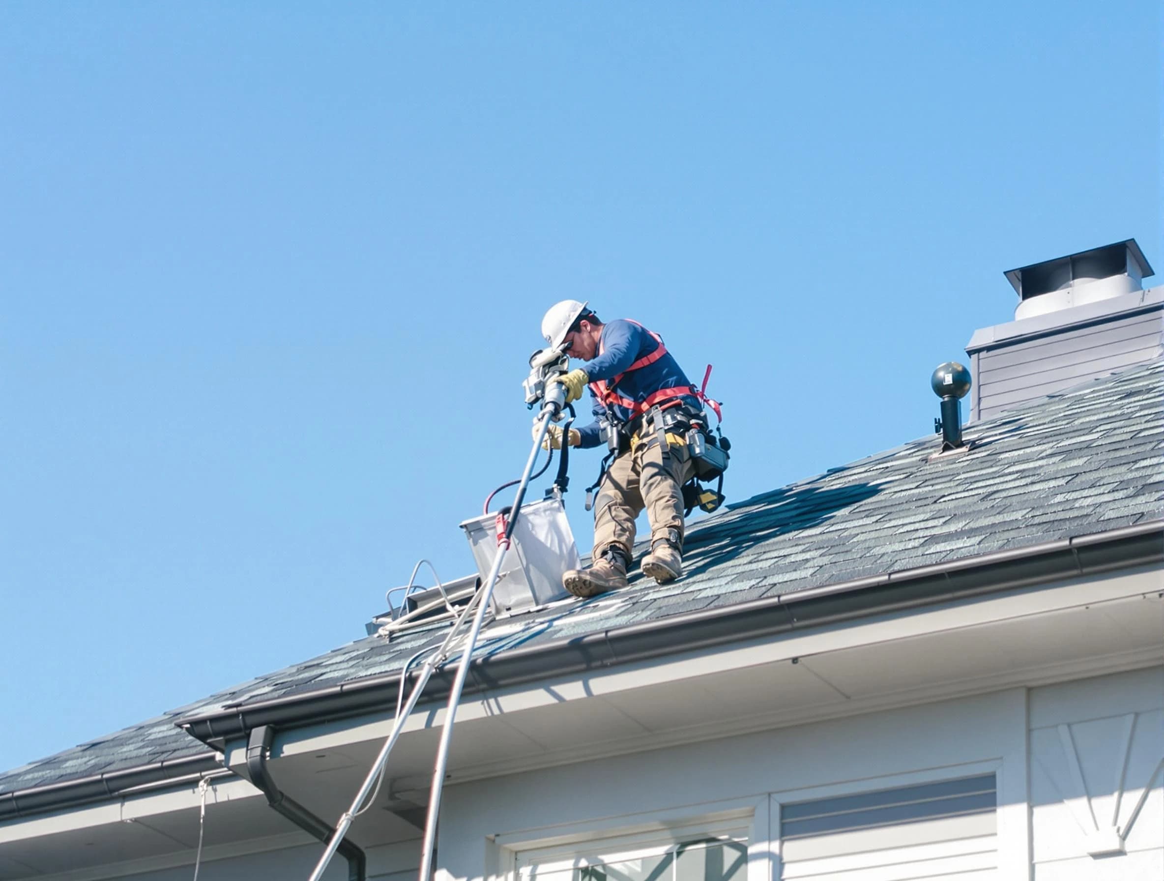 Washington Dryer Vent Cleaning certified technician cleaning a roof-mounted dryer vent system in Washington