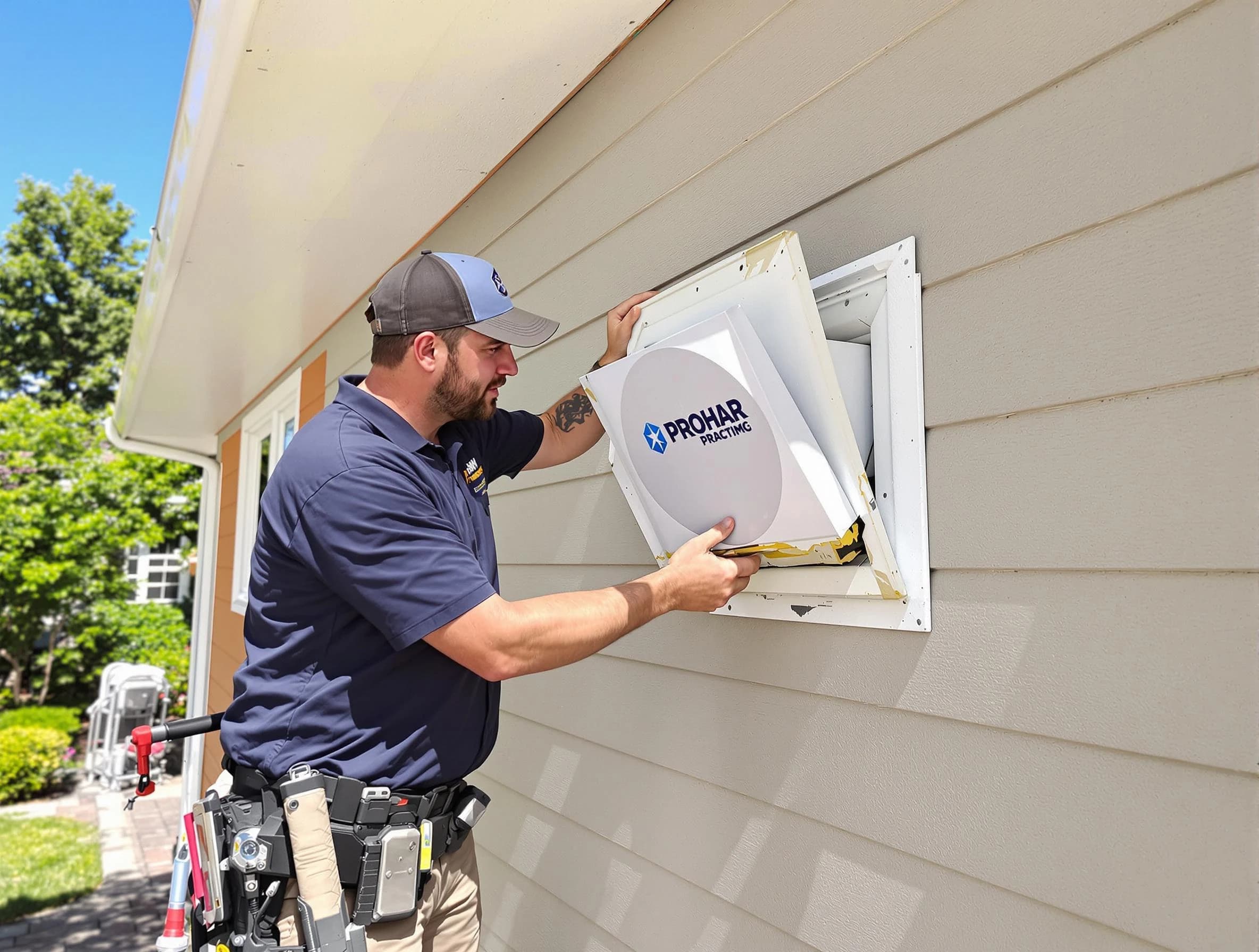 Washington Dryer Vent Cleaning technician installing a new protective dryer vent cover on a home in Washington