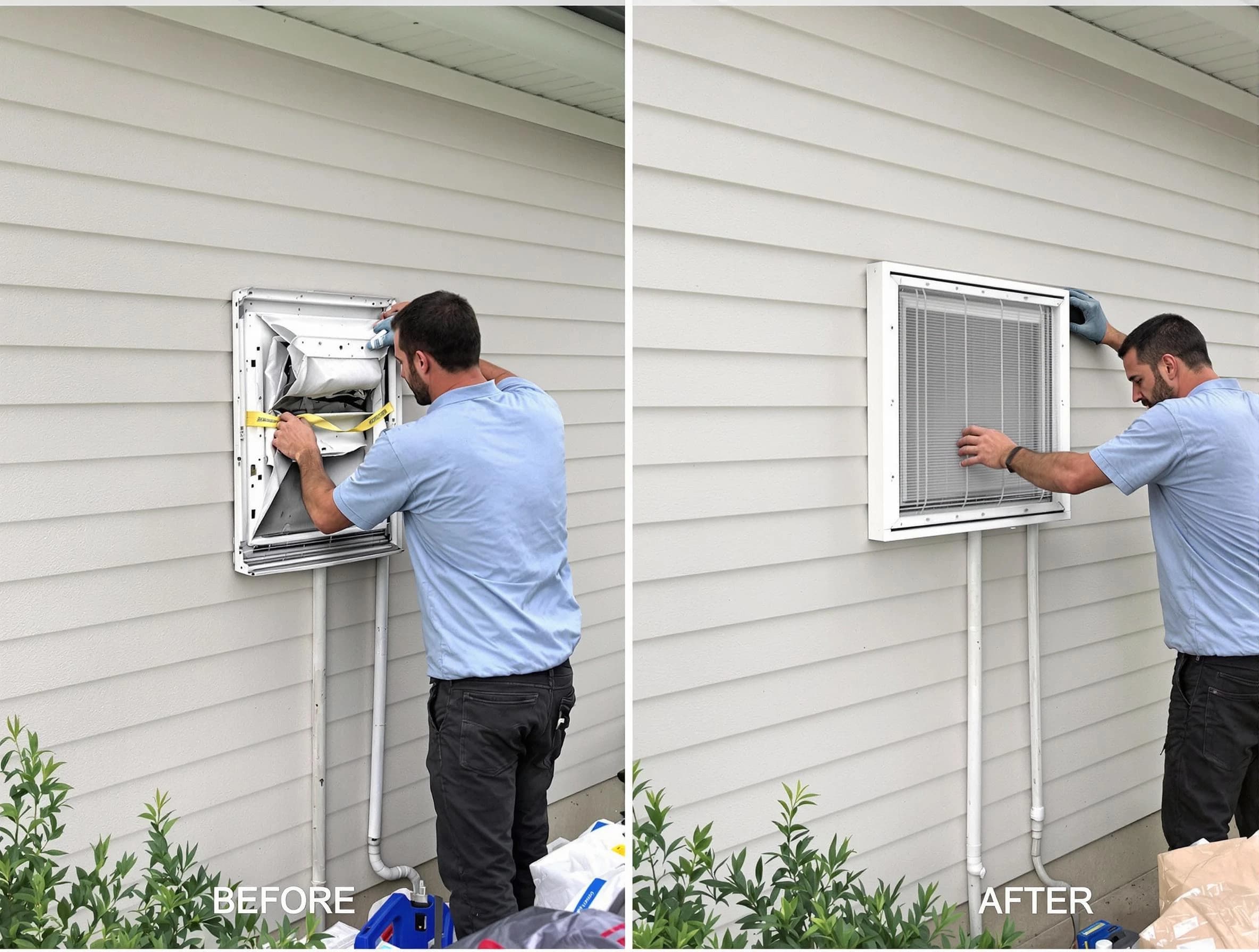 Washington Dryer Vent Cleaning technician installing high-quality dryer vent cover at a residential property in Washington